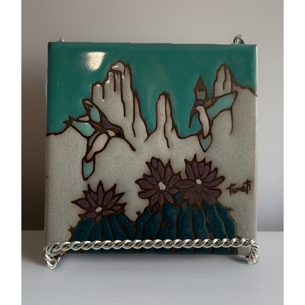Southwest Desert Tu-oti 4" Ceramic Tile Trivet Hummingbirds Cactus Tuart Vtg